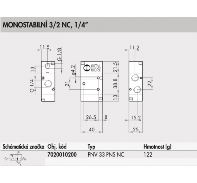 Pneumatický ventil 3/2, G1/4"