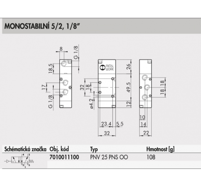 Pneumatický ventil 5/2, G1/8"