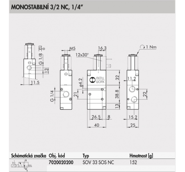 Solenoidný ventil 3/2, G1/4"